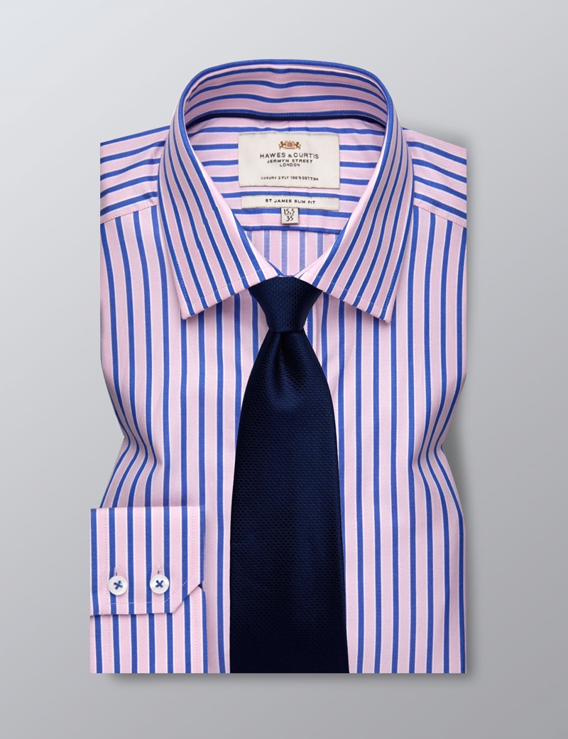 Men's Dress Pink & Light Blue Bold Stripe Slim Fit Shirt - Single Cuff ...
