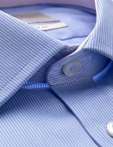 Men's Dress Blue & White Fine Stripe Slim Fit Shirt With Contrast Detail and Single Cuffs - Easy Iron