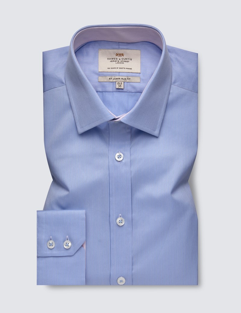 Men's Formal Blue & White Fine Stripe Slim Fit Shirt With Contrast Detail and Single Cuffs - Easy Iron