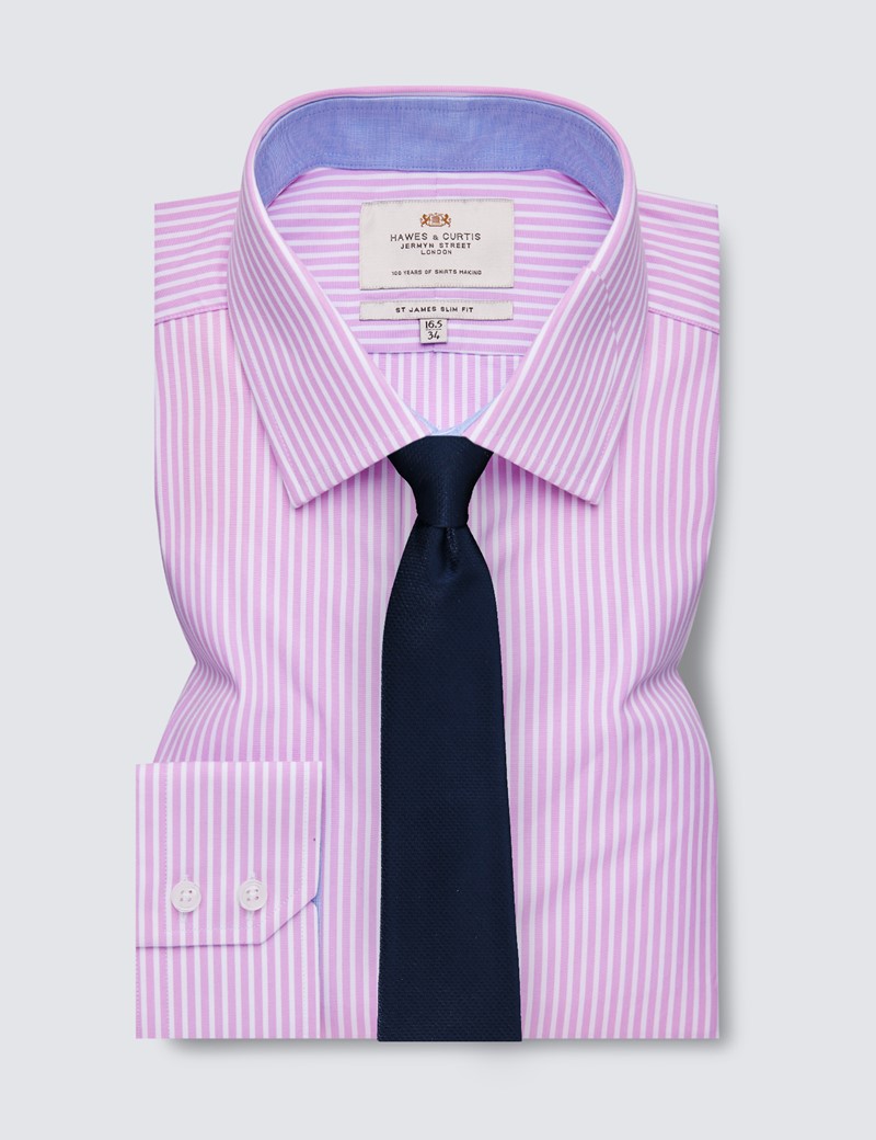 Easy Iron Pink & White Stripe Relaxed Slim Fit Shirt With Contrast Detail - Single Cuffs