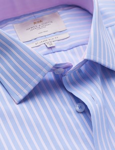 Men's Dress Blue & Pink Stripe Slim Fit Shirt with Contrast Detail - Single Cuff - Non Iron