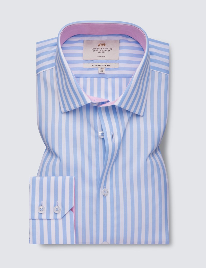 Non Iron Blue & White Stripe Relaxed Slim Fit Shirt with Contrast Detail - Single Cuffs