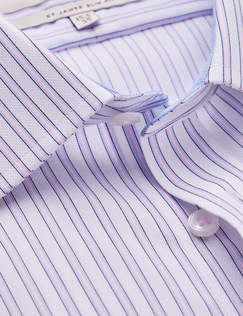 Non Iron Pink & White Stripe Relaxed Slim Fit Shirt with Contrast Detail - Single Cuffs