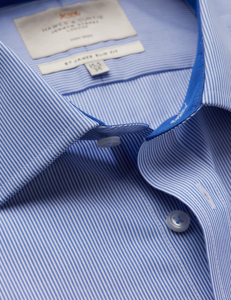 Non Iron Blue & White Stripe Relaxed Slim Fit Shirt With Contrast Detail - Single Cuffs