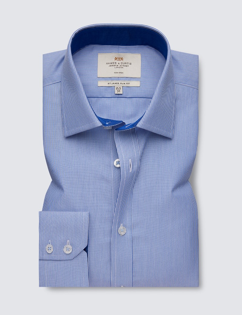Non Iron Blue & White Stripe Relaxed Slim Fit Shirt With Contrast Detail - Single Cuffs
