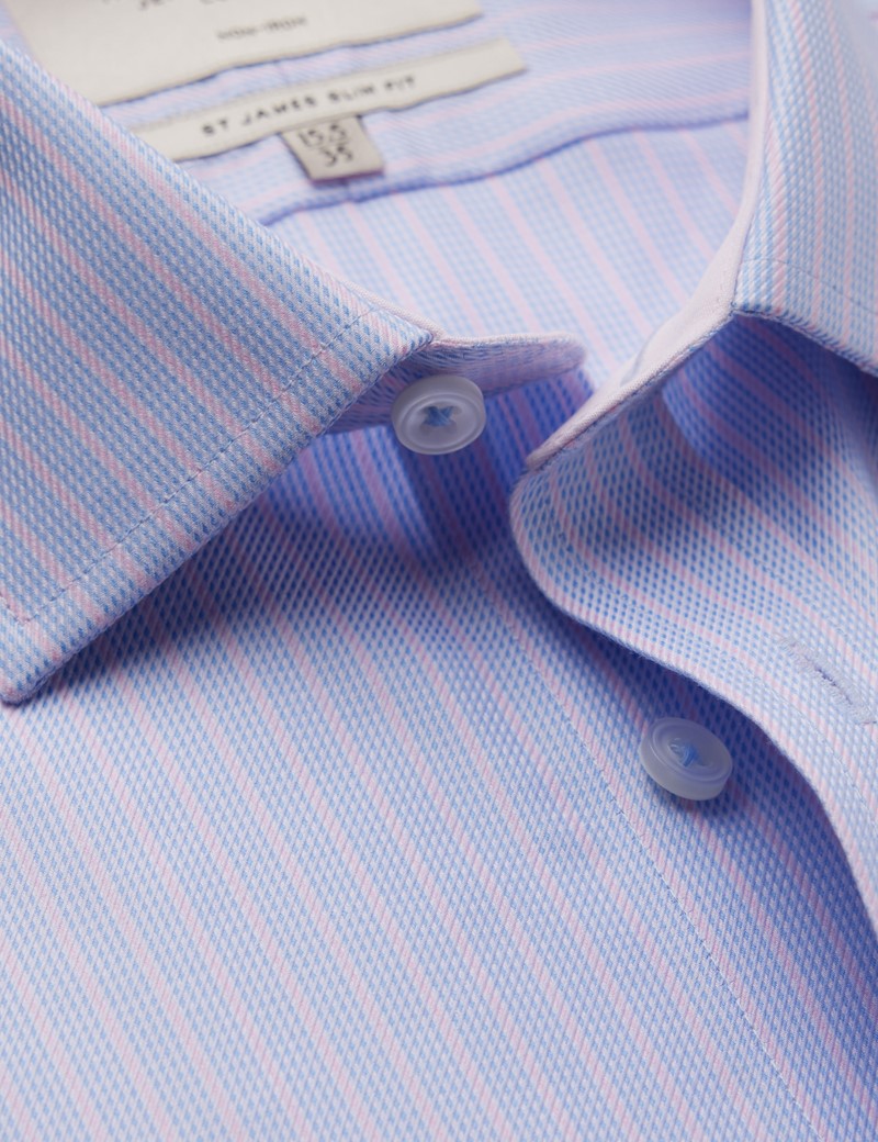 Non Iron Blue & Pink Stripe Relaxed Slim Fit Shirt With Contrast Detail - Single Cuffs