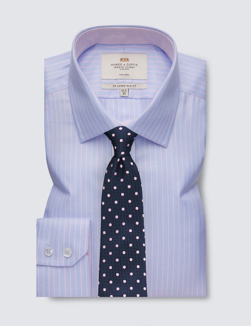 Non Iron Blue & Pink Stripe Relaxed Slim Fit Shirt With Contrast Detail - Single Cuffs