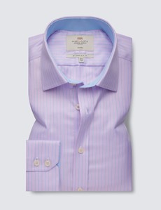 Non Iron Pink & Blue Textured Stripe Relaxed Slim Fit Shirt With Contrast Detail - Single Cuffs