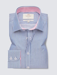 Bügelfreies Businesshemd – Slim Fit – Kentkragen – blau weiß Streifen mit Kontrast