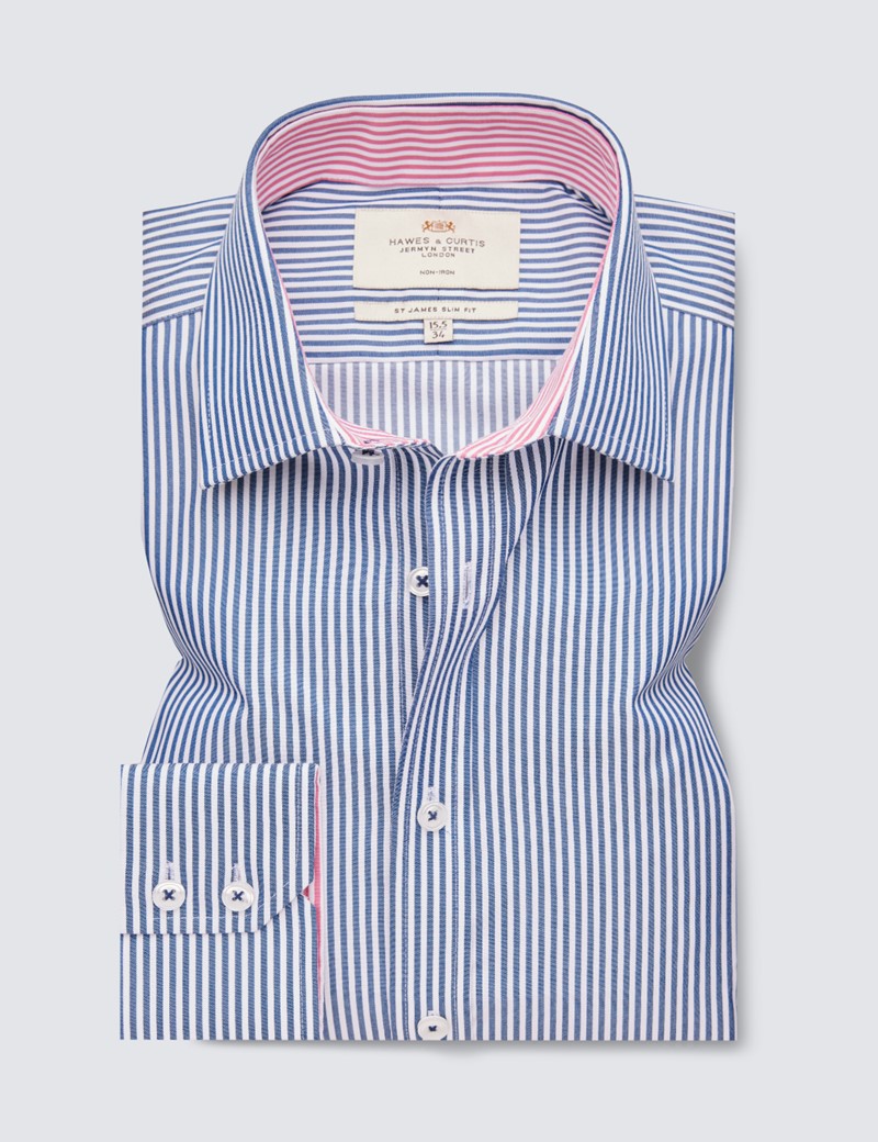 Bügelfreies Businesshemd – Slim Fit – Kentkragen – blau weiß Streifen mit Kontrast