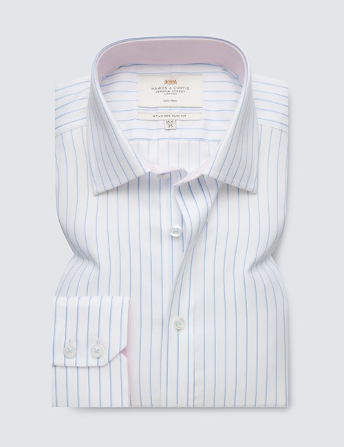Non-Iron Blue & White Medium Stripe Slim Shirt
