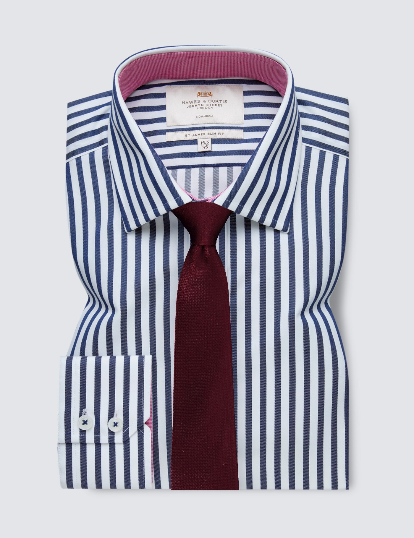 Non-Iron Navy & White Bold Stripe Slim Shirt With Contrast Detail ...
