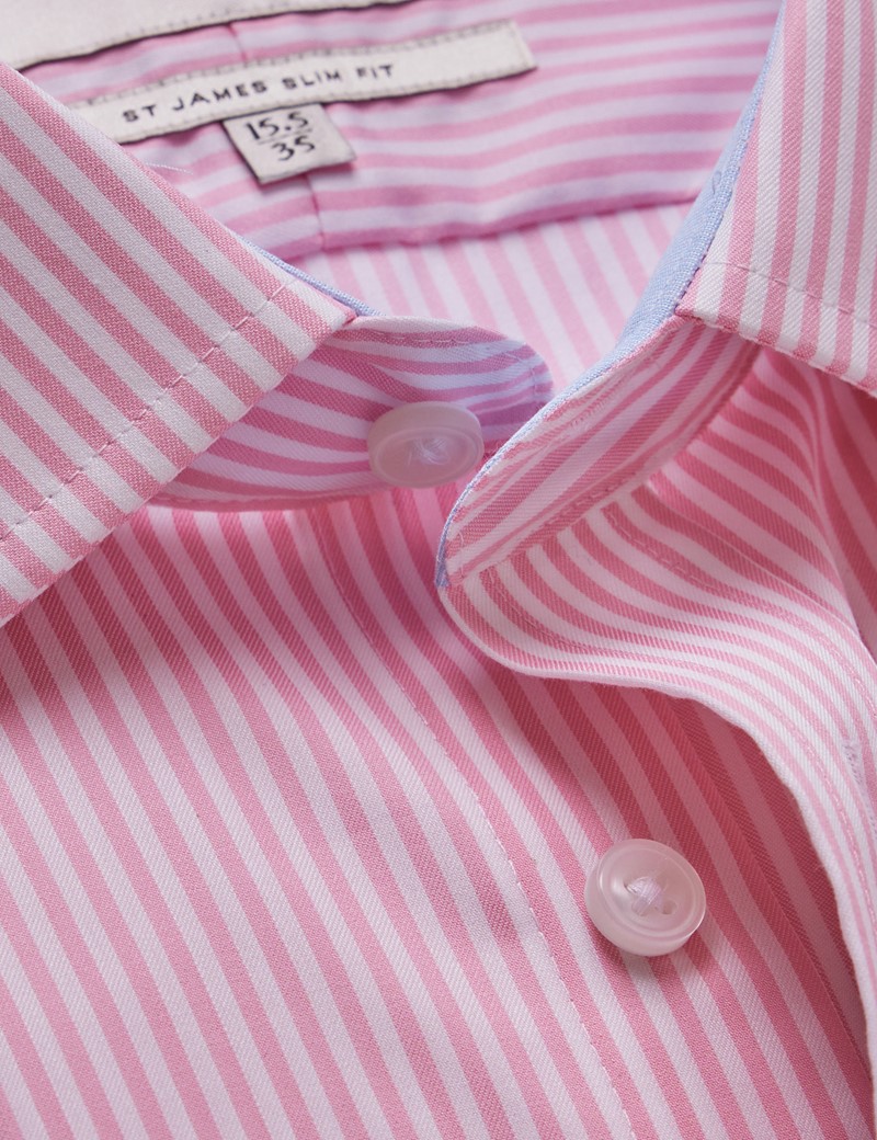 Men's Non-Iron Pink & White Bengal Stripe Slim Shirt With Contrast Detail