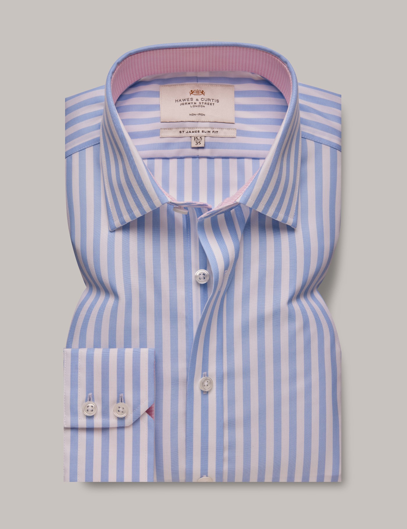 Men's Non-Iron Blue & White Bold Stripe Slim Shirt With Contrast Detail