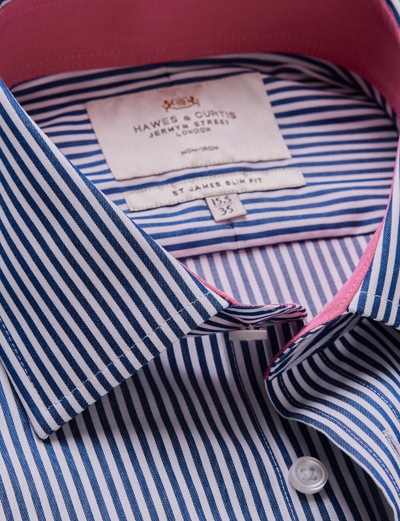 Men's Non-Iron Navy & White Bengal Stripe Slim Shirt With Contrast ...