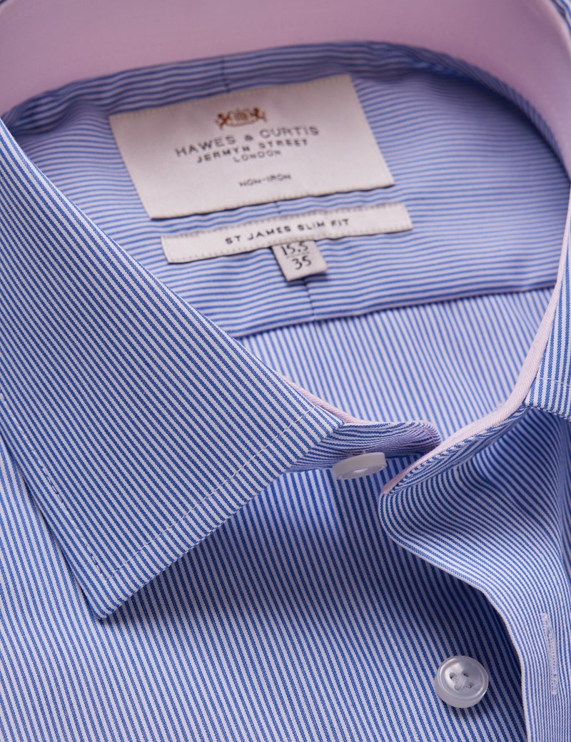 Non-Iron Blue & White Fine Stripe Slim Shirt With Contrast Detail ...