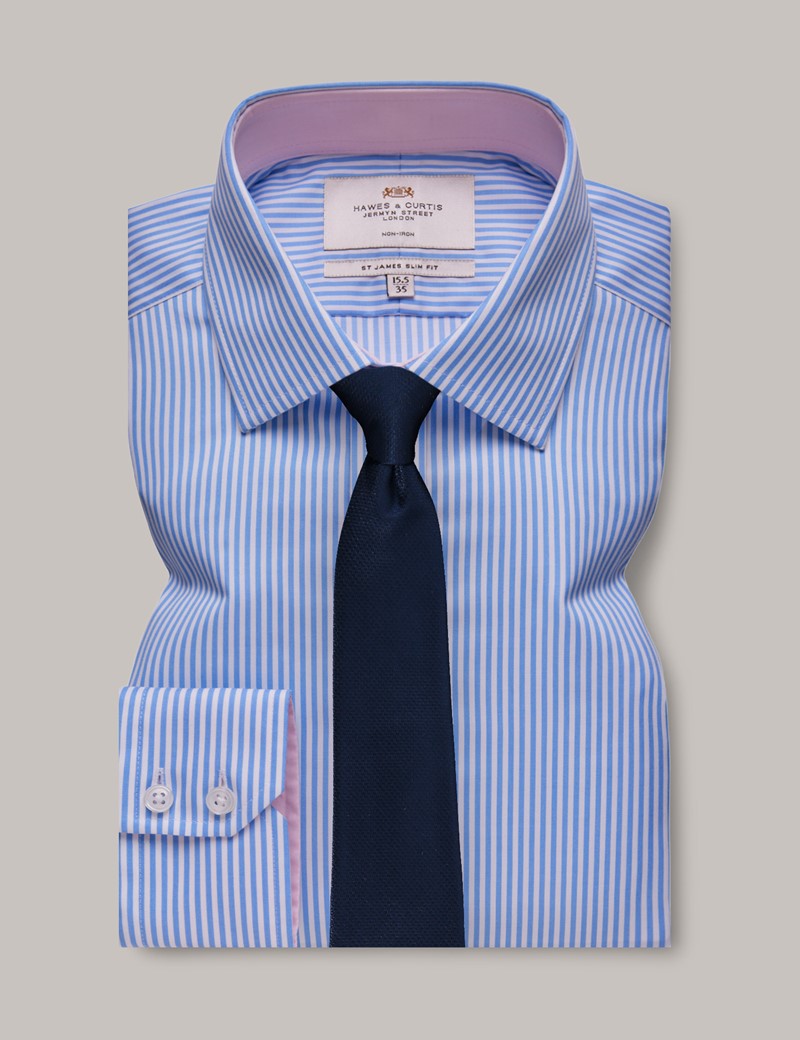 Men's Non-Iron Blue & White Bengal Stripe Slim Shirt - Contrast Detail ...