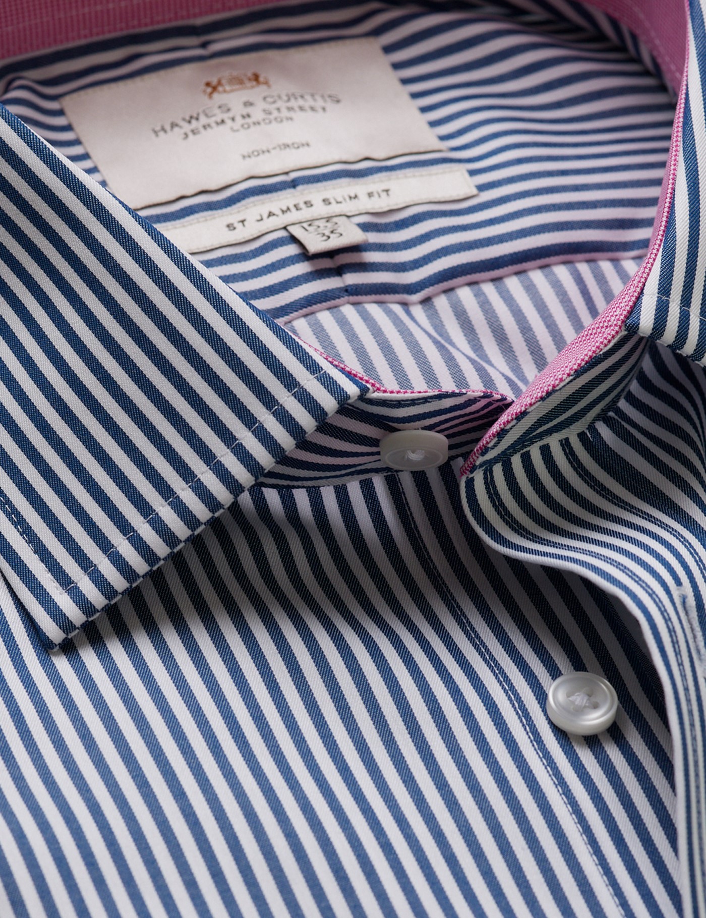 & Slim Fit Navy & Bengal Stripe Twill Non Iron Shirt 16" collar 34" sleeve