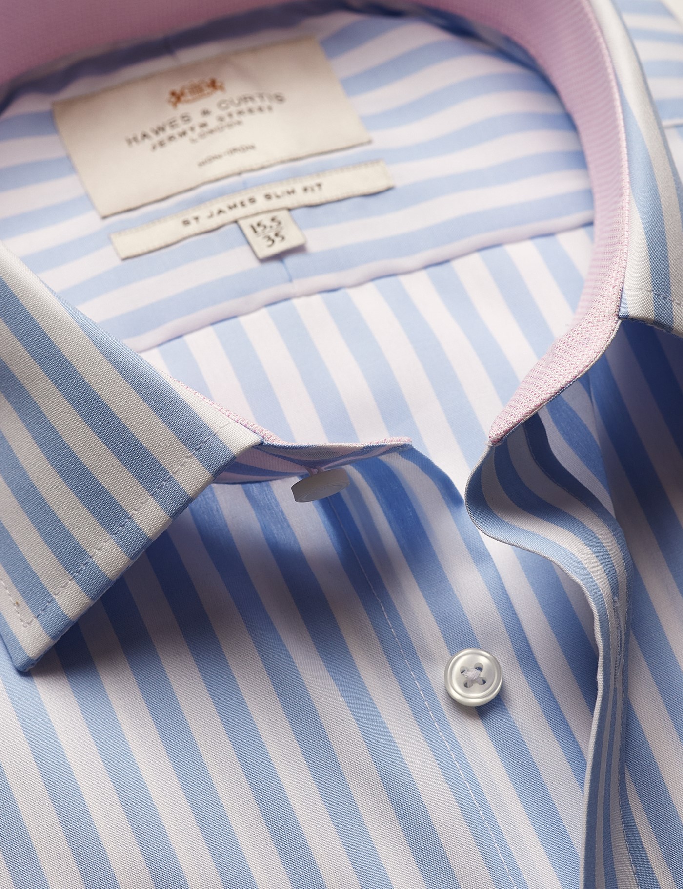& Slim Fit Blue & Bold Stripe Non Iron Shirt Contrast Detail 15.5" collar 34" sleeve