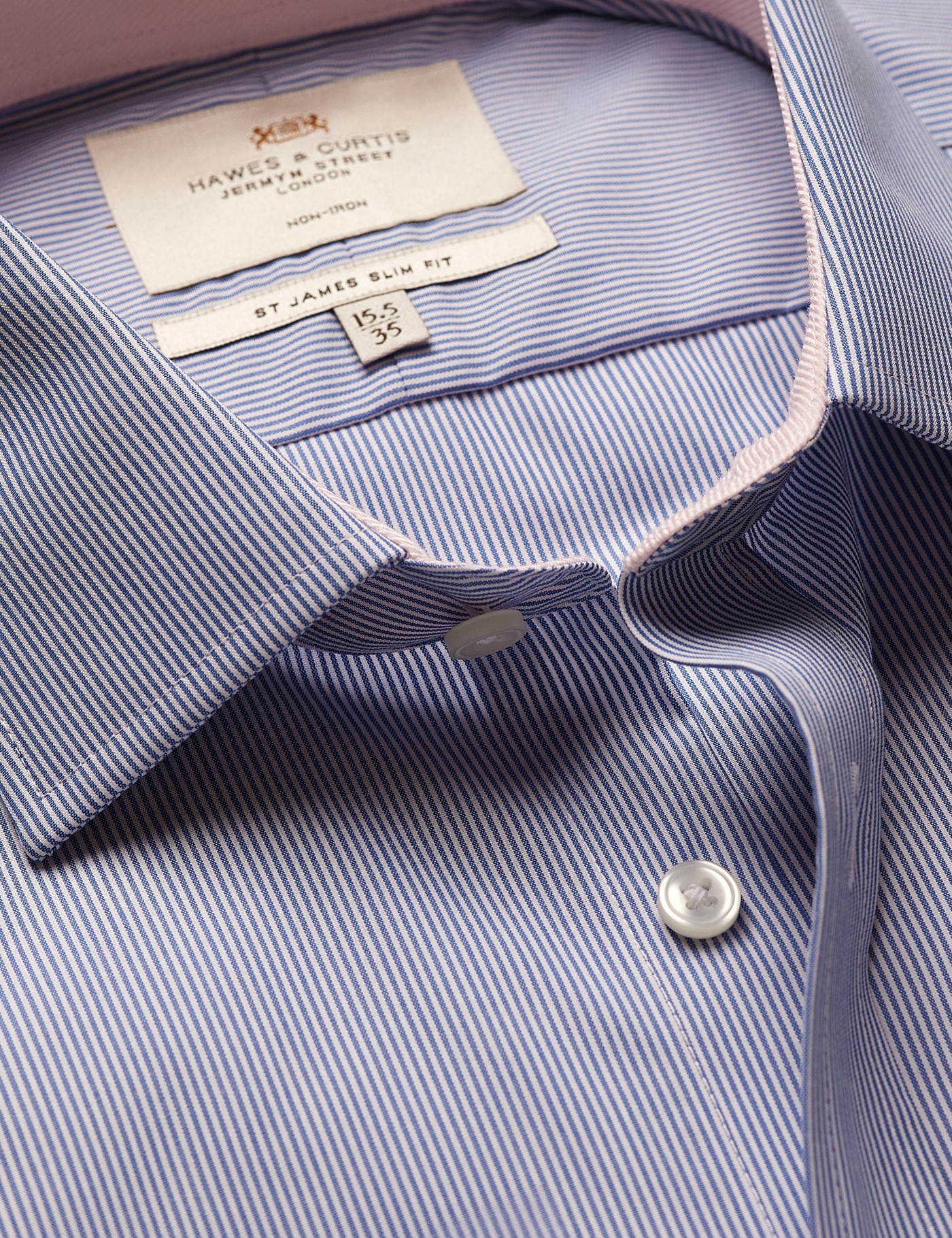 Hawes & Curtis Slim Fit Blue & White Fine Stripe Non-Iron Shirt | Contrast Detail Size: 17" collar, 36" sleeve