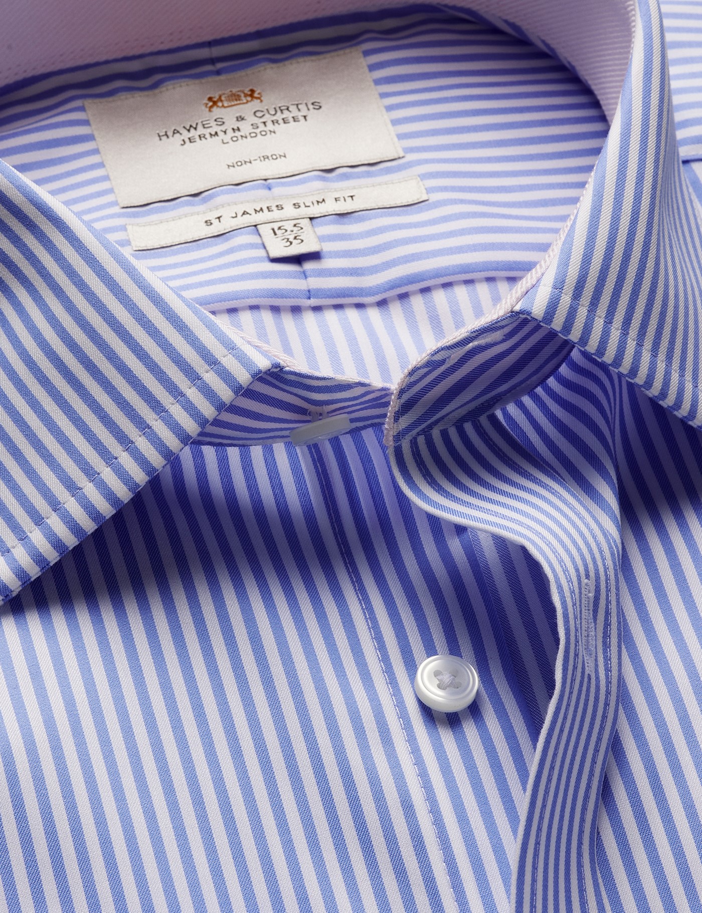 & Slim Fit Blue & Bengal Stripe Twill Non Iron Shirt Contrast Detail 15.5" collar 34" sleeve
