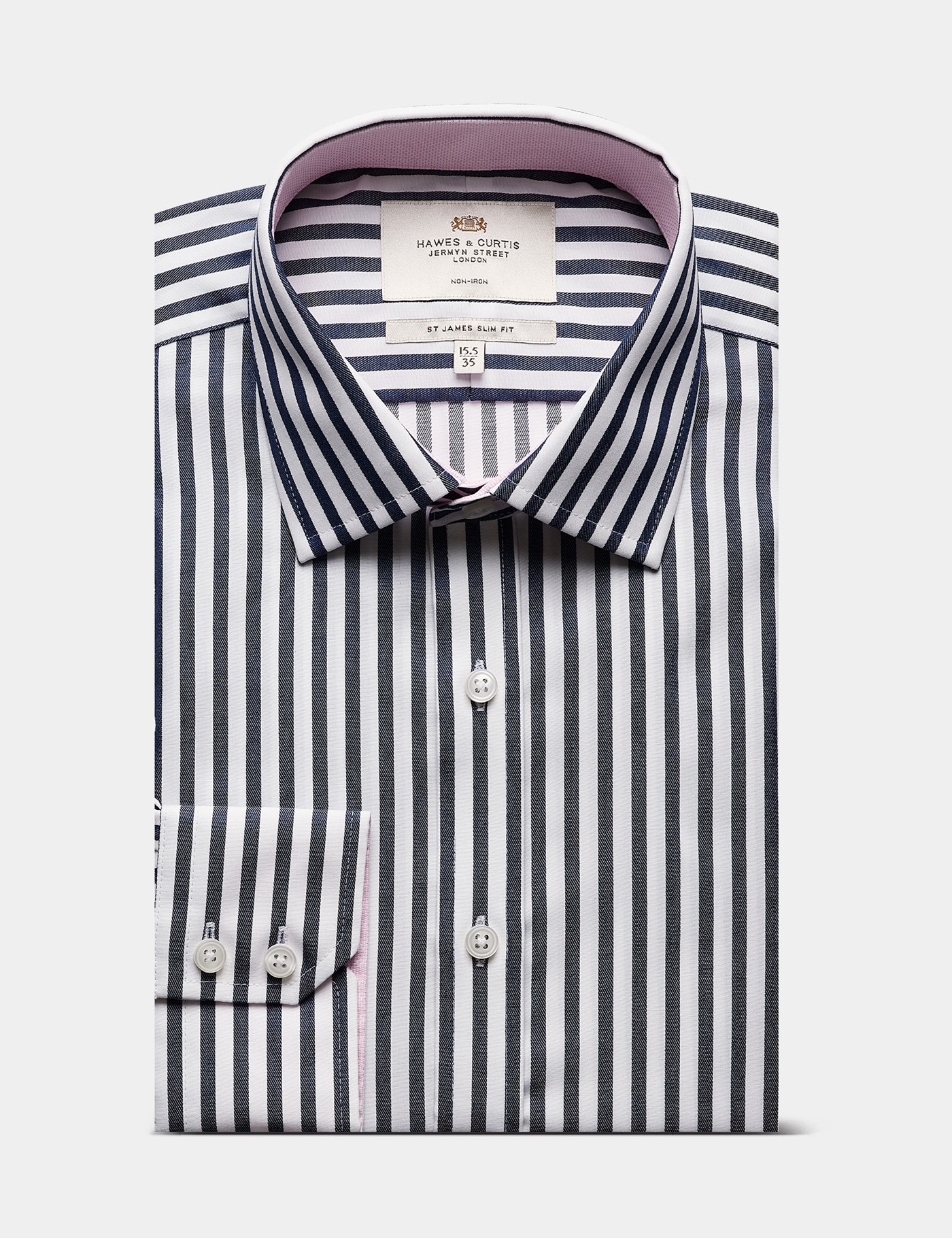 Hawes & Curtis Slim Fit Navy & White Bold Stripe Non-Iron Shirt Size: 17" collar, 36" sleeve image 3