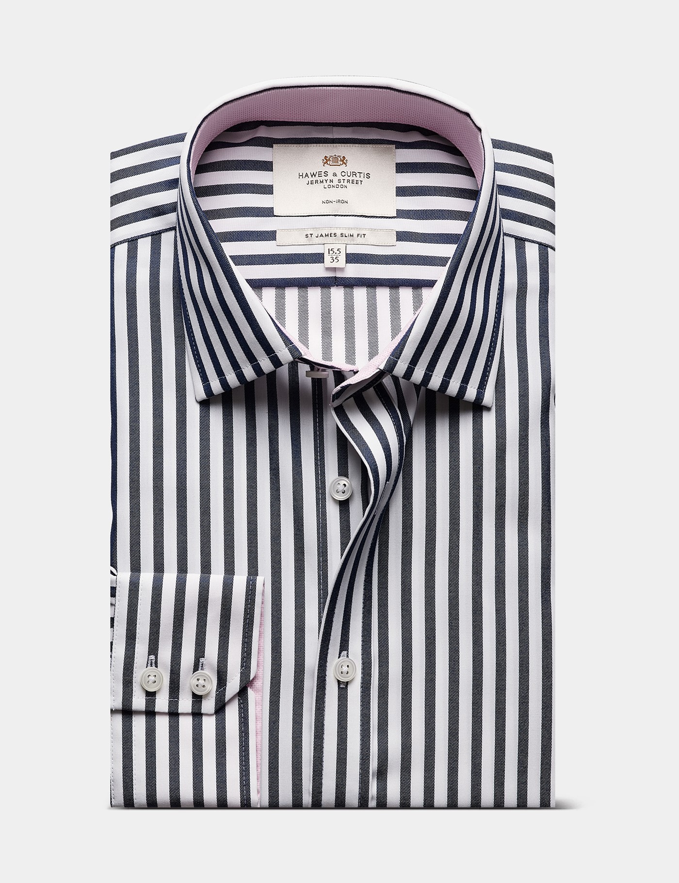 Hawes & Curtis Slim Fit Navy & White Bold Stripe Non-Iron Shirt Size: 17" collar, 36" sleeve image 2