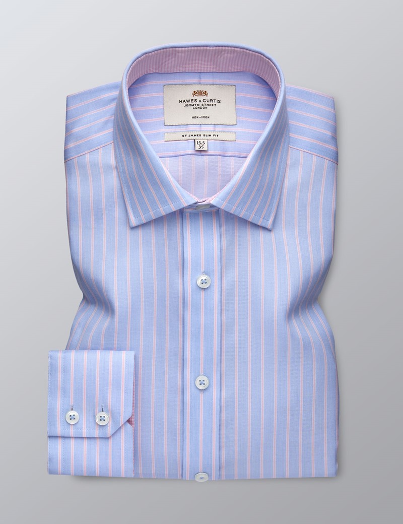 Men's Formal Pink & Blue Stripe Slim Fit Shirt - Single Cuff - Non Iron | Hawes & Curtis