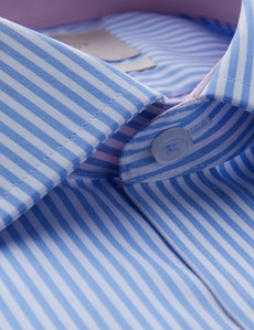 Men's Dress Blue & White Bengal Stripe Slim Fit Shirt with Contrast Detail - Single Cuff - Non Iron