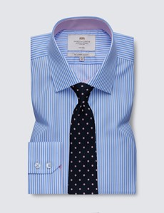 Men's Formal Blue & White Bengal Stripe Slim Fit Shirt with Contrast Detail - Single Cuff - Non Iron