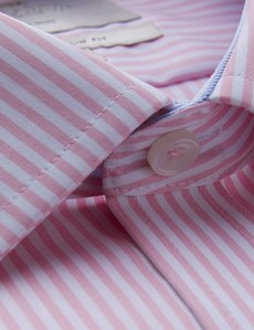 Men's Formal Pink & White Bengal Stripe Slim Fit Shirt with Contrast Detail - Single Cuff - Non Iron
