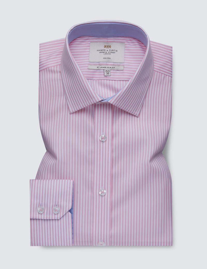 Men's Formal Pink & White Bengal Stripe Slim Fit Shirt with Contrast Detail - Single Cuff - Non Iron