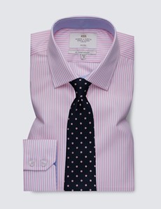 Men's Dress Pink & White Bengal Stripe Slim Fit Shirt with Contrast Detail - Single Cuff - Non Iron