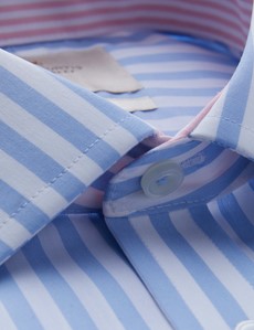 Men's Formal Blue & White Bold Stripe Slim Fit Shirt with Contrast Detail - Single Cuff - Non Iron