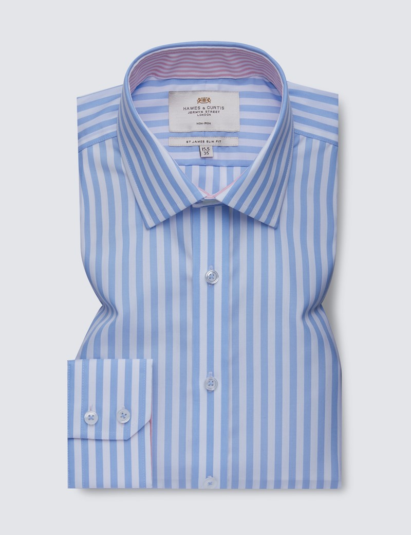 Men's Dress Blue & White Bold Stripe Slim Fit Shirt with Contrast Detail - Single Cuff - Non Iron