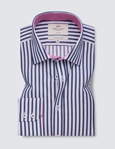 Non Iron Navy & White Stripe Relaxed Slim Fit Shirt With Semi Cutaway Collar - Single Cuffs
