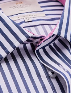 Non Iron Navy & White Stripe Relaxed Slim Fit Shirt With Semi Cutaway Collar - Single Cuffs