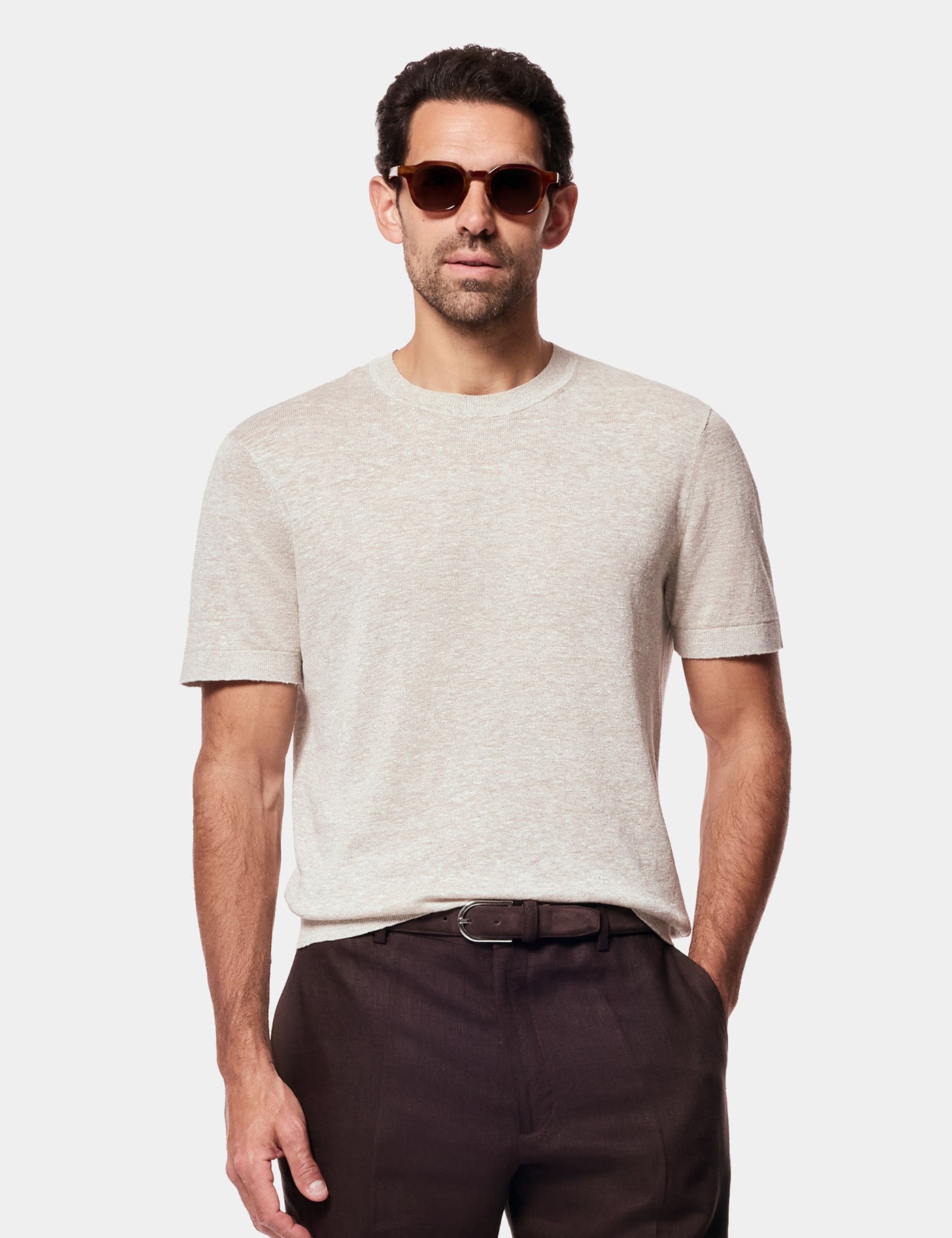 Hawes & Curtis Neutral Premium Knitted Linen T-shirt Size: Large
