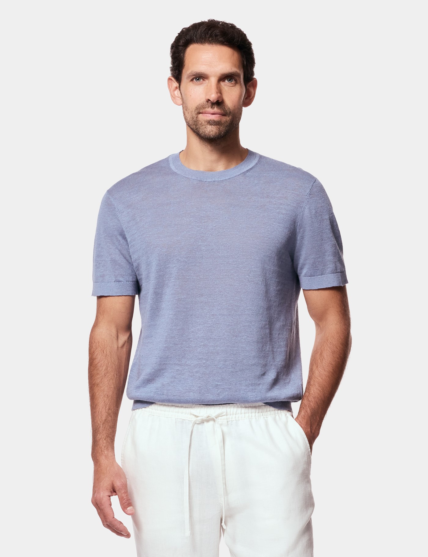 Hawes & Curtis Dusty Blue Premium Knitted Linen T-shirt Size: Large