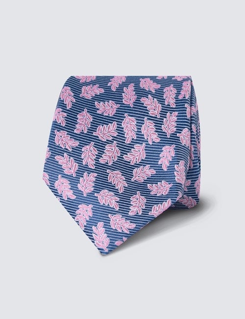 Men's Blue & Pink Leaves Print Tie - 100% Silk