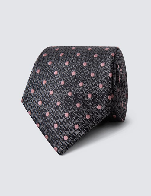 Krawatte – Seide – Standardbreite – Grau mit Tupfen pink