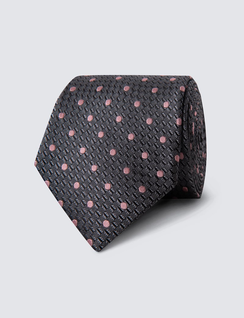 Men's Grey & Pink Even Spot Tie - 100% Silk