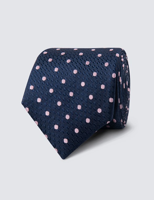 Krawatte – Seide – Standardbreite – Marine mit Tupfen hellpink