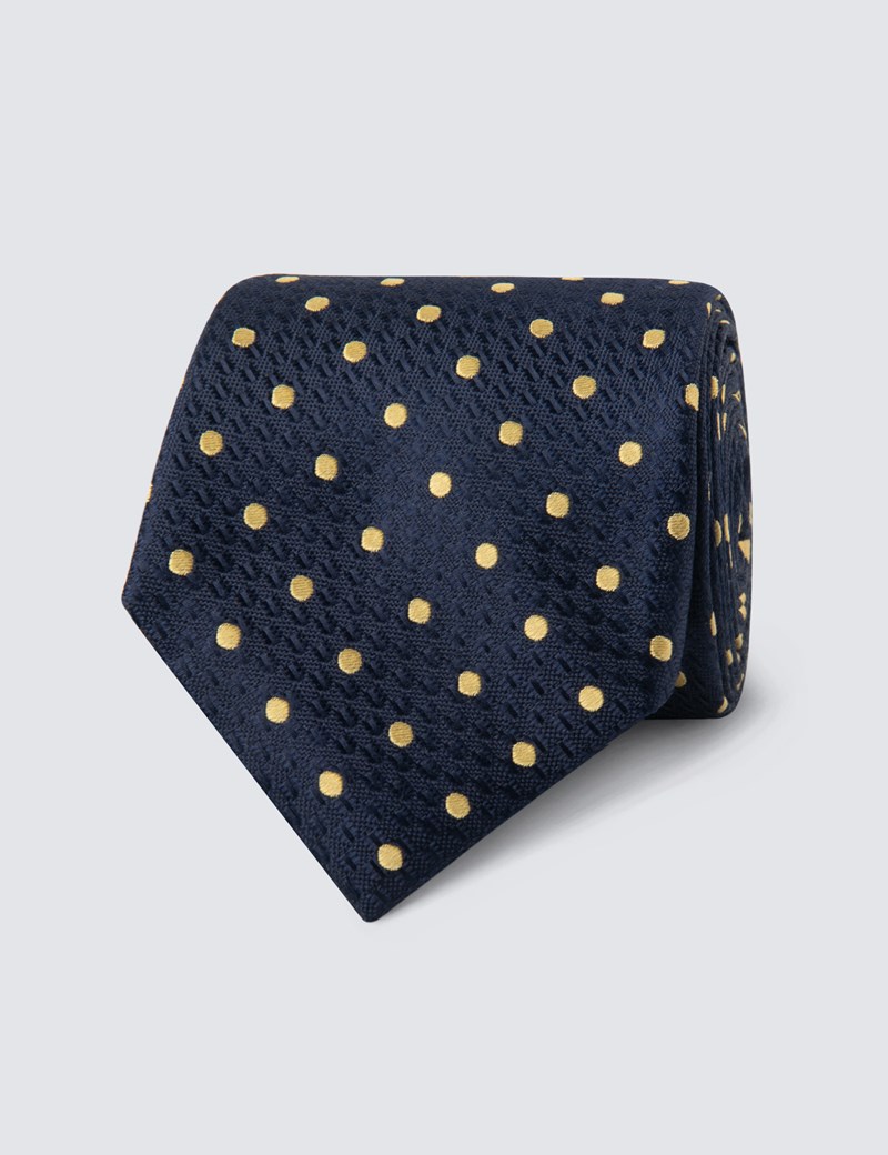 Krawatte – Seide – Standardbreite – Marine mit Tupfen gelb