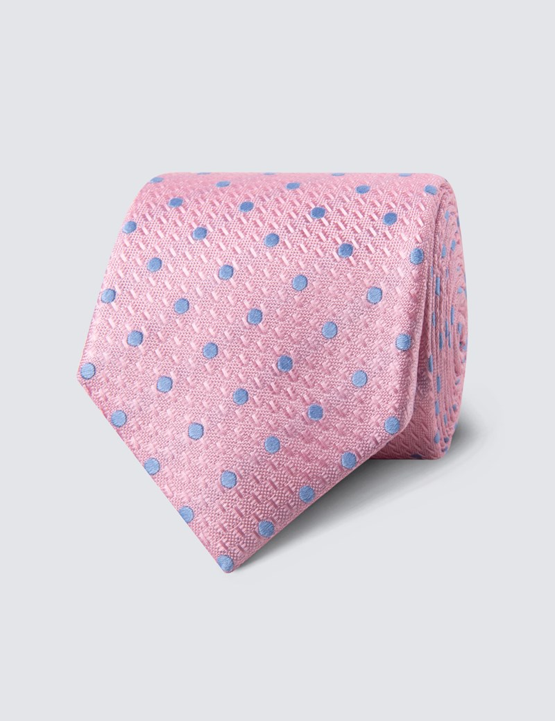 Krawatte – Seide – Standardbreite – Hellpink mit Tupfen blau