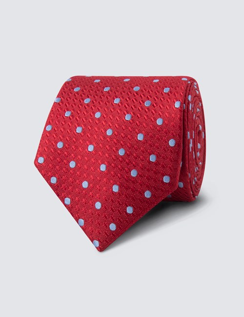 100% Silk NeckTie Black & Red Line White Dots Pattern Design Mens Tie