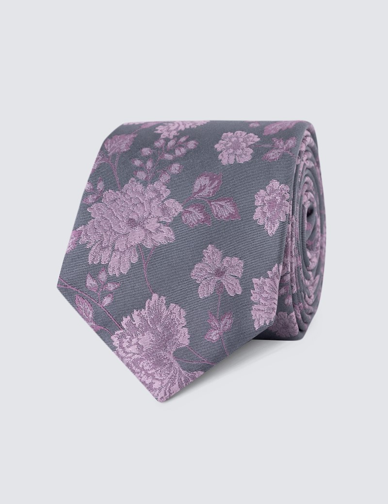 Men's Grey Floral Print Tie - 100% Silk