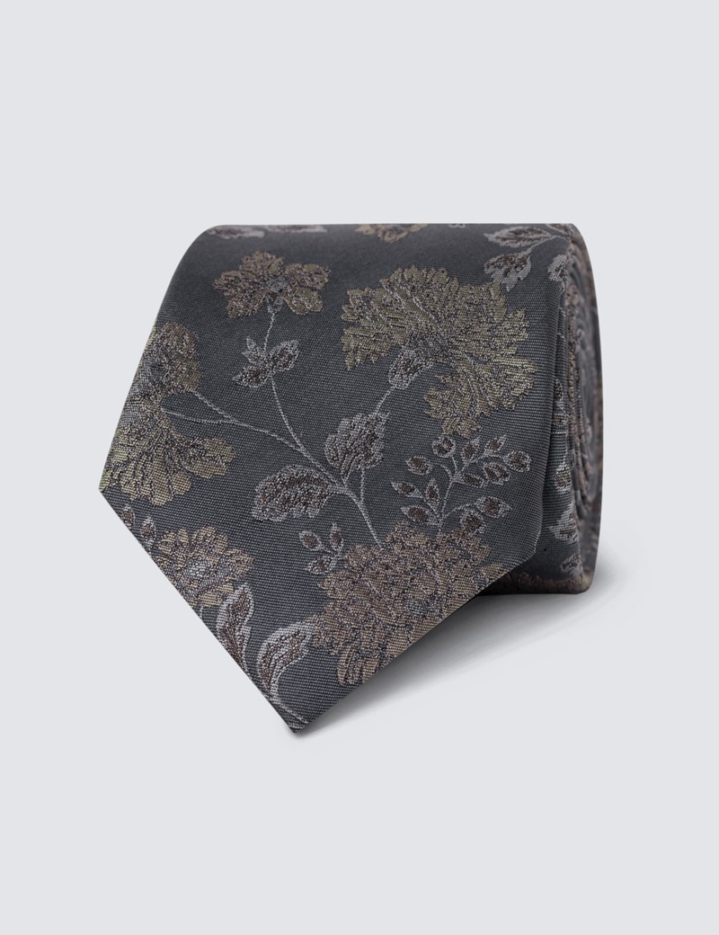 Men's Grey & Brown Floral Print Tie - 100% Silk