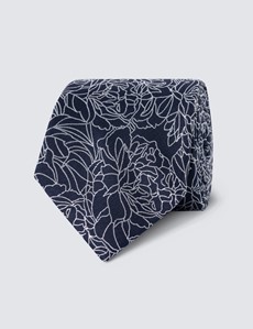 Men's Navy Leaf Print Tie - 100% Silk