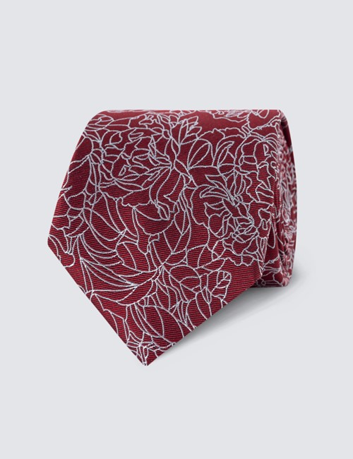 Men's Red Leaf Print Tie - 100% Silk